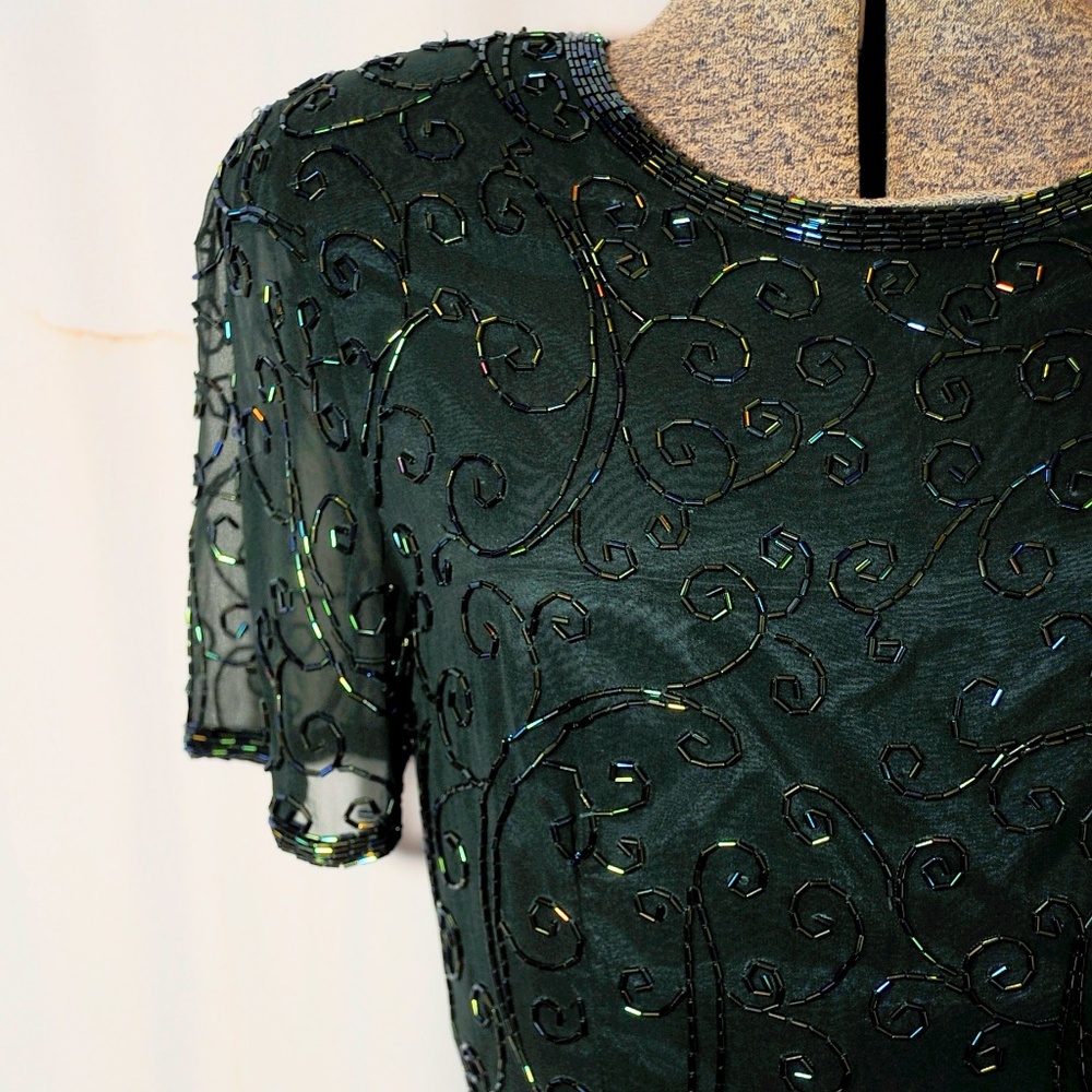 VTG 80s AJ Bari Beaded Dark Green Sheath Dress XS - Picture 3 of 8